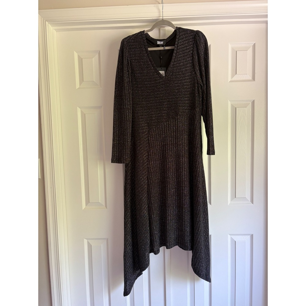 DKNY Midi Dress Women XL Black Silver NEW Metallic Ribbed Handkerchief Hem